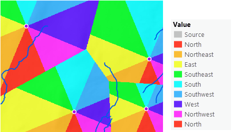 Map of straight-line direction from four points Map of straight-line direction from four points