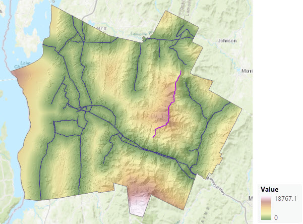 Map of straight-line distance being adjusted with barriers and a surface raster Map of straight-line distance being adjusted with barriers and a surface raster