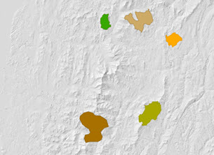 Map of five input destinations displayed on a hillshade Map of five input destinations displayed on a hillshade