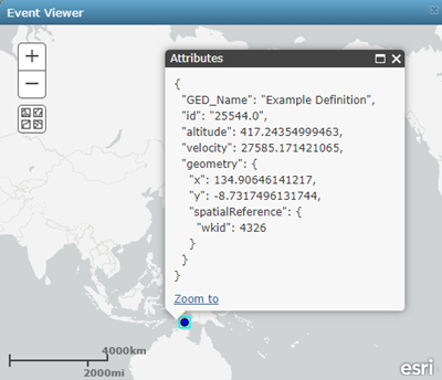 GeoEvent attribute data viewed in a pop-up in the Event Viewer window GeoEvent attribute data viewed in a pop-up in the Event Viewer window