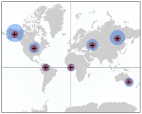 World map with planar and geodesic buffers around selected cities World map with planar and geodesic buffers around selected cities